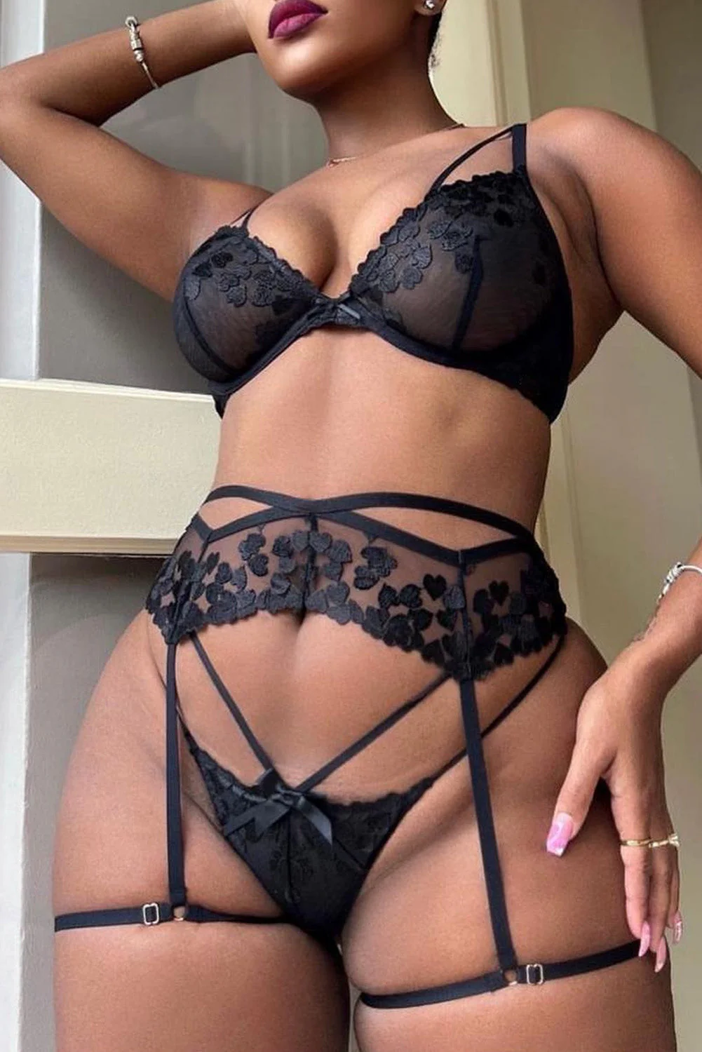 Heart Embroidered Mesh Strappy 3pcs Lingerie Set