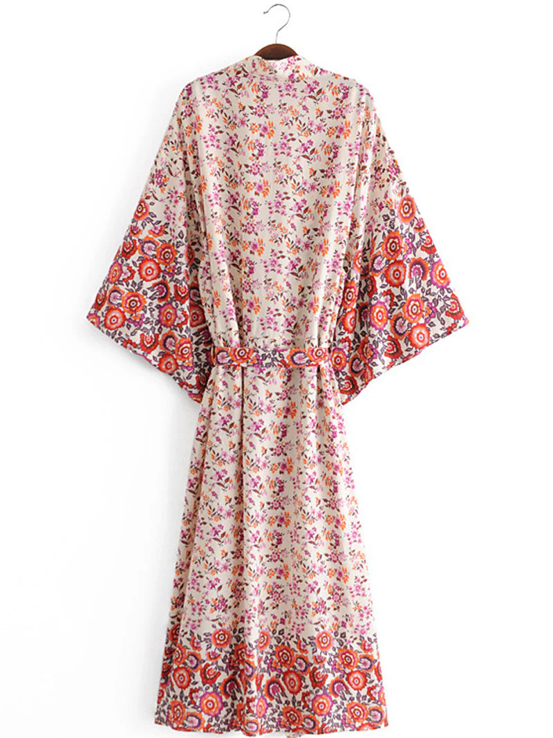 Bridal Party Wear Long Length With Floral Print Red Color Cotton Gown Kimono Duster - Image 2