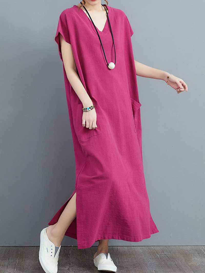 Hemp Material Plain Short Sleeves With Double Side Pocket A-Line Dress - Image 5