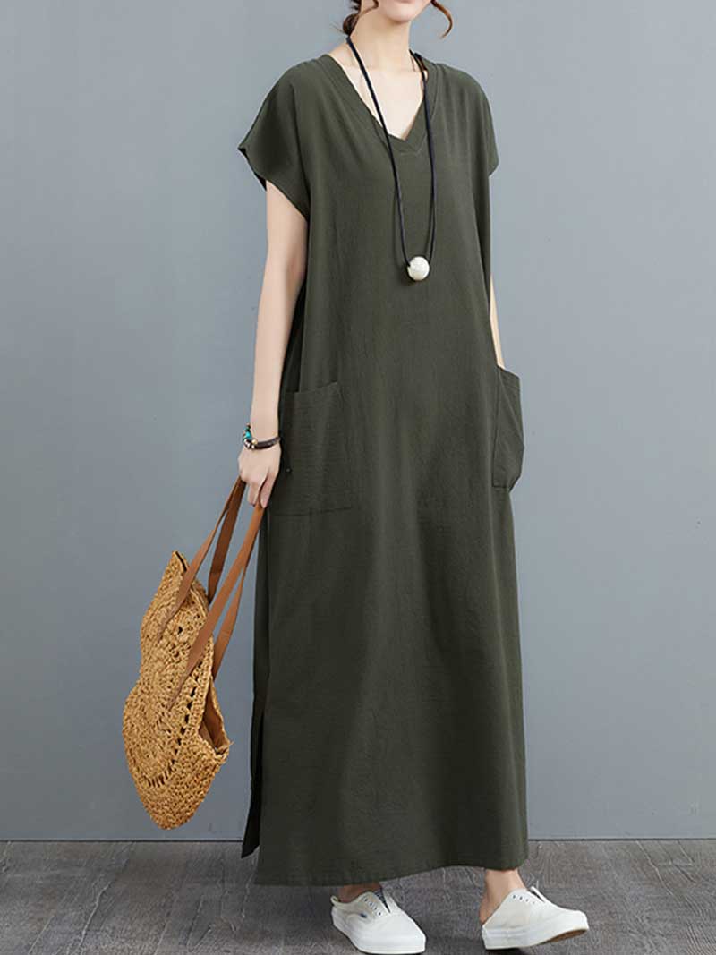 Hemp Material Plain Short Sleeves With Double Side Pocket A-Line Dress - Image 7