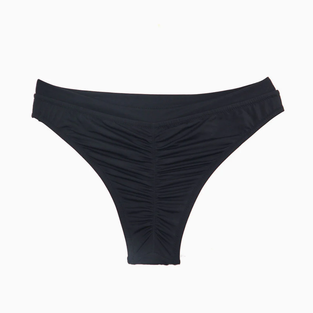 Comfy Solid Color High Cut Scrunch Brazilian Bikini Bottom - Black - Image 3