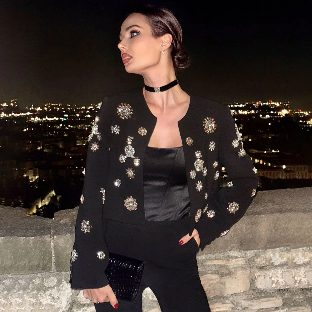 High End High Waist Split Bootcut Crystal Beaded FLower Crop Blazer Matching Set - Image 4