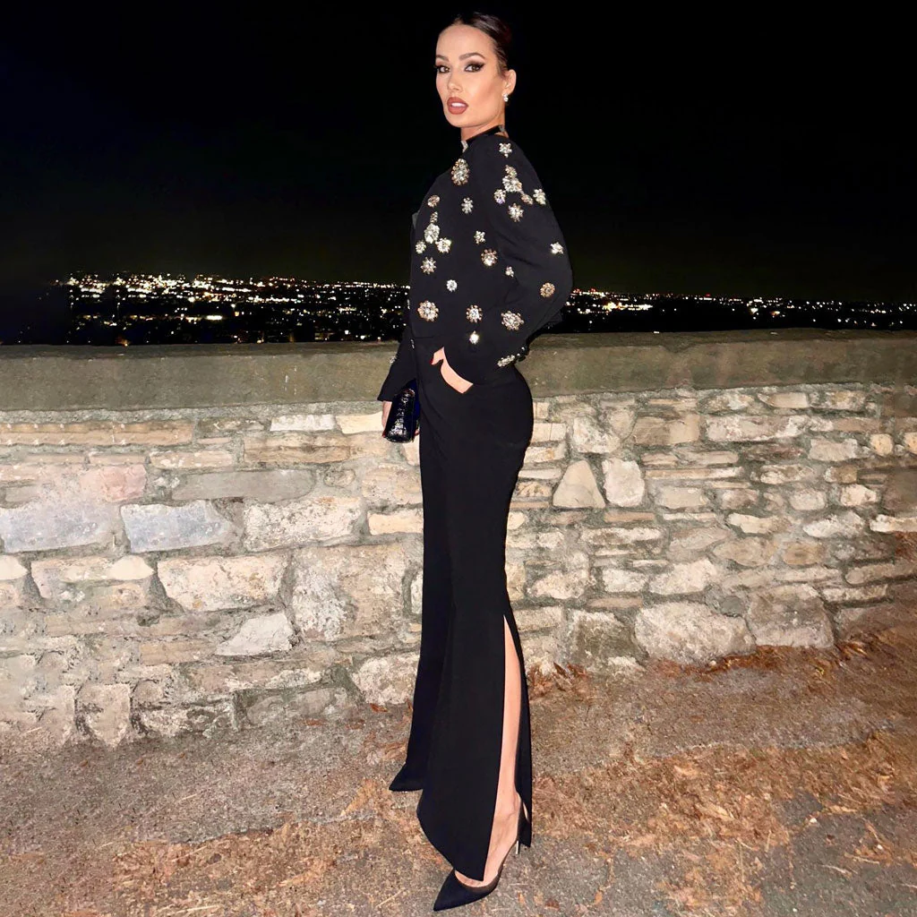 High End High Waist Split Bootcut Crystal Beaded FLower Crop Blazer Matching Set - Image 5