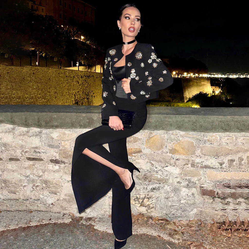 High End High Waist Split Bootcut Crystal Beaded FLower Crop Blazer Matching Set - Image 6