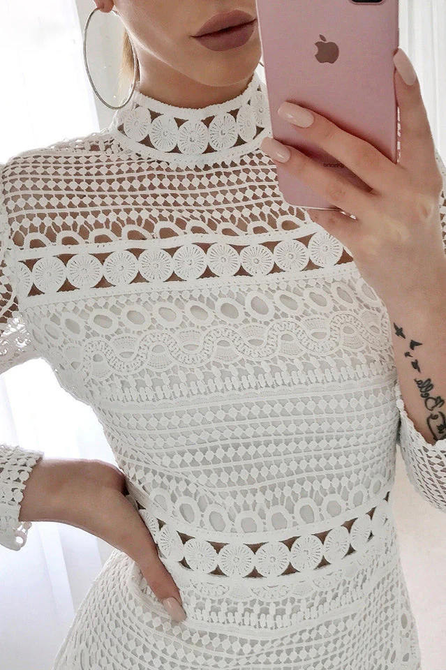 High Neck Short Tight White Lace Dress - Image 8