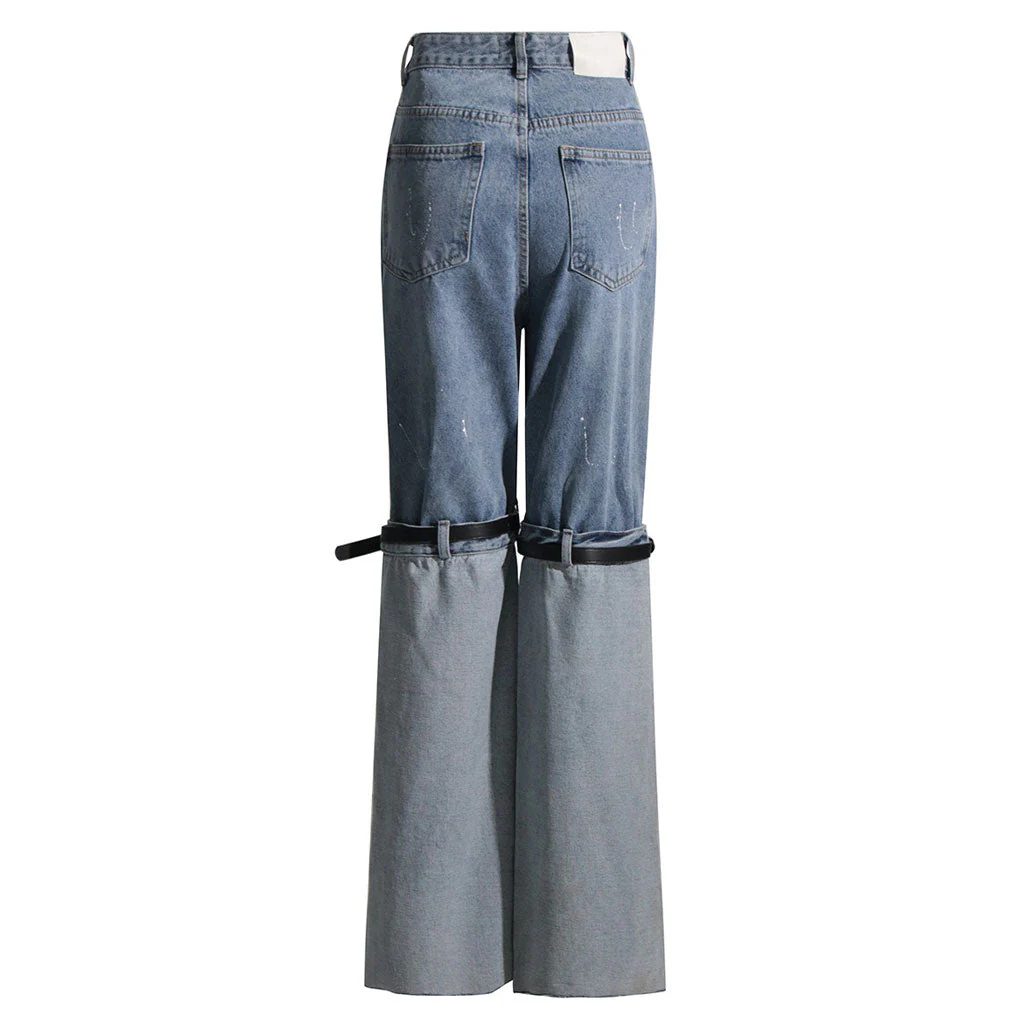 High Street High Waist Contrast Blue Belted Turn-up Straight Leg Hybrid Jeans - Image 2
