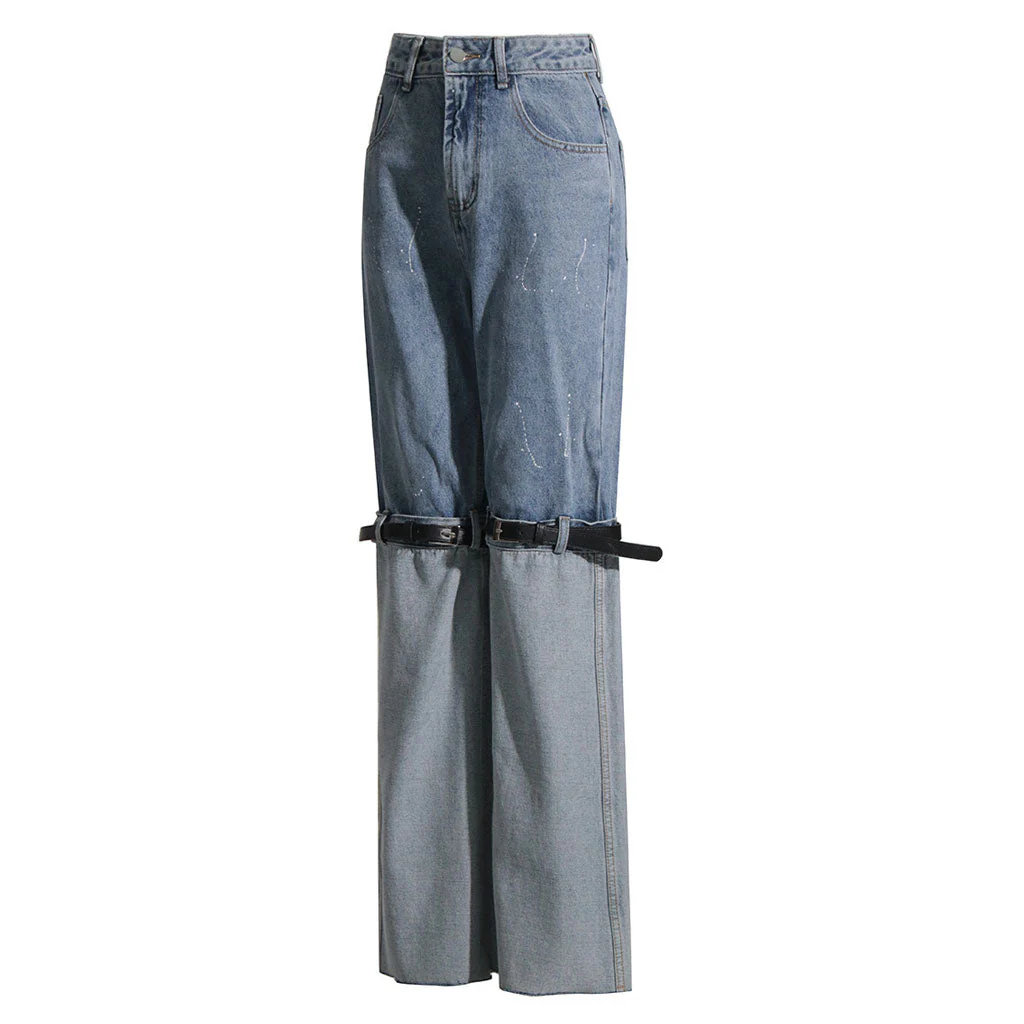 High Street High Waist Contrast Blue Belted Turn-up Straight Leg Hybrid Jeans - Image 3
