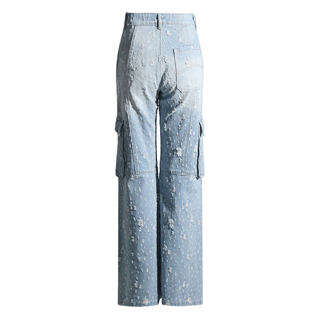 High Street Ripped Cargo Pocket Zipper High Waist Straight Leg Denim Jeans - Image 3