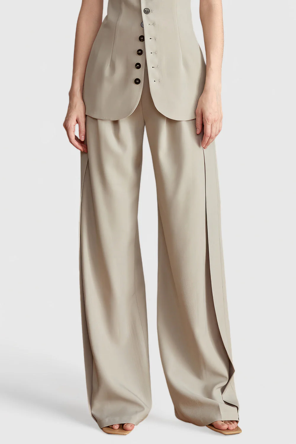 High Waisted Elegant Trousers - Beige - Image 2