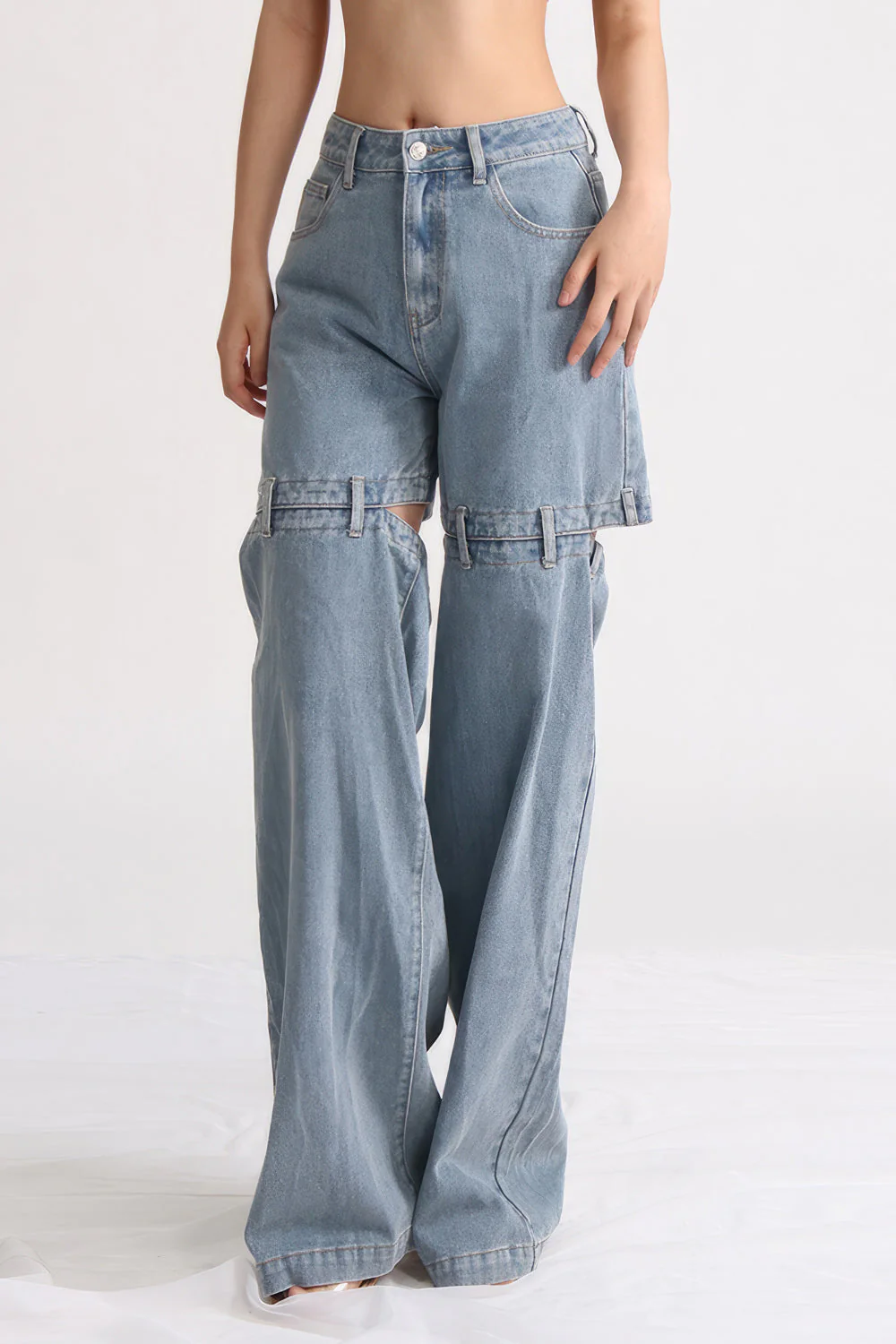 High Waisted Jeans with Back Cuts - Washed Blue - Image 2