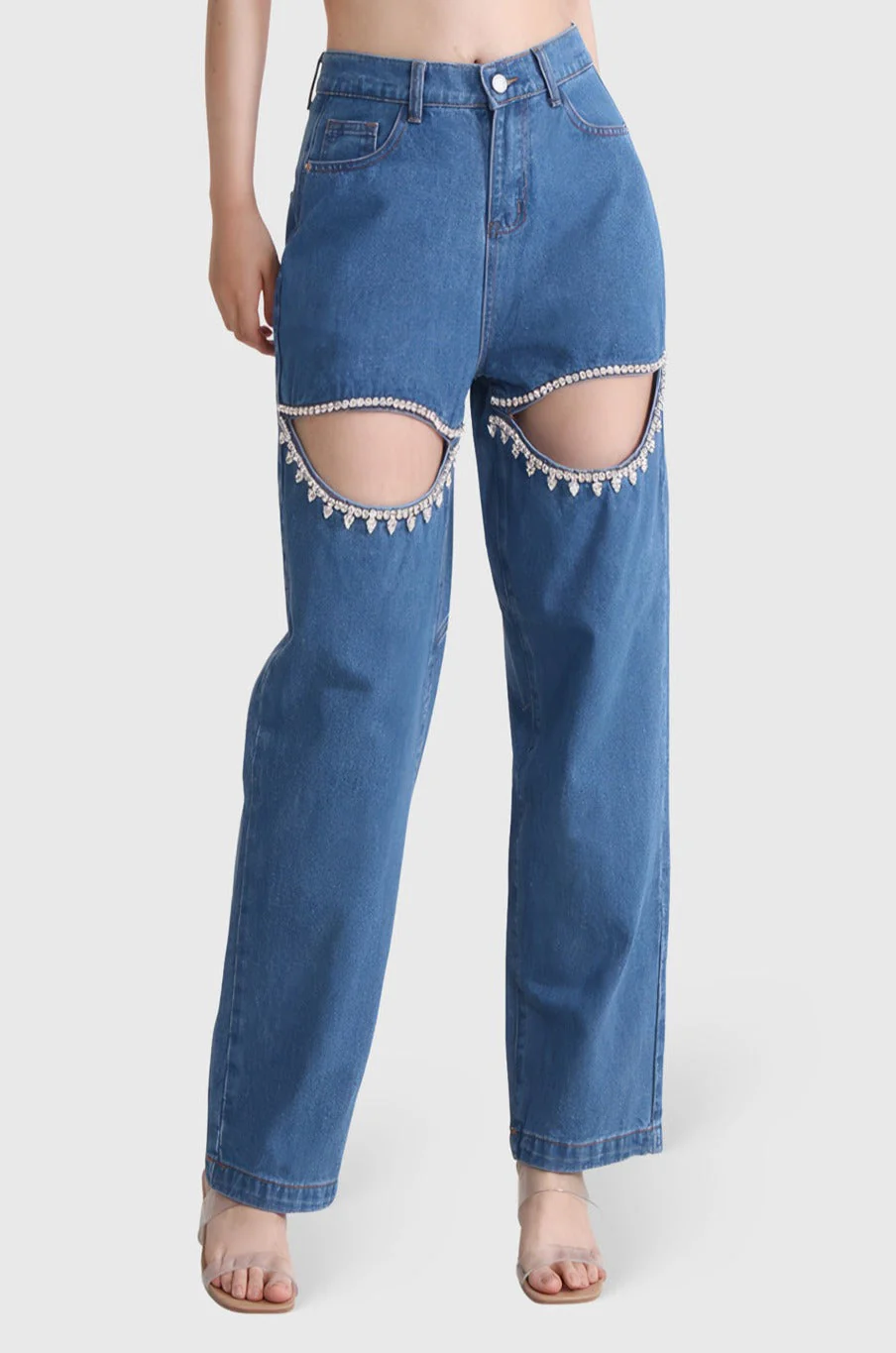 High Waisted Jeans with Cut Outs - Dark Blue - Image 2