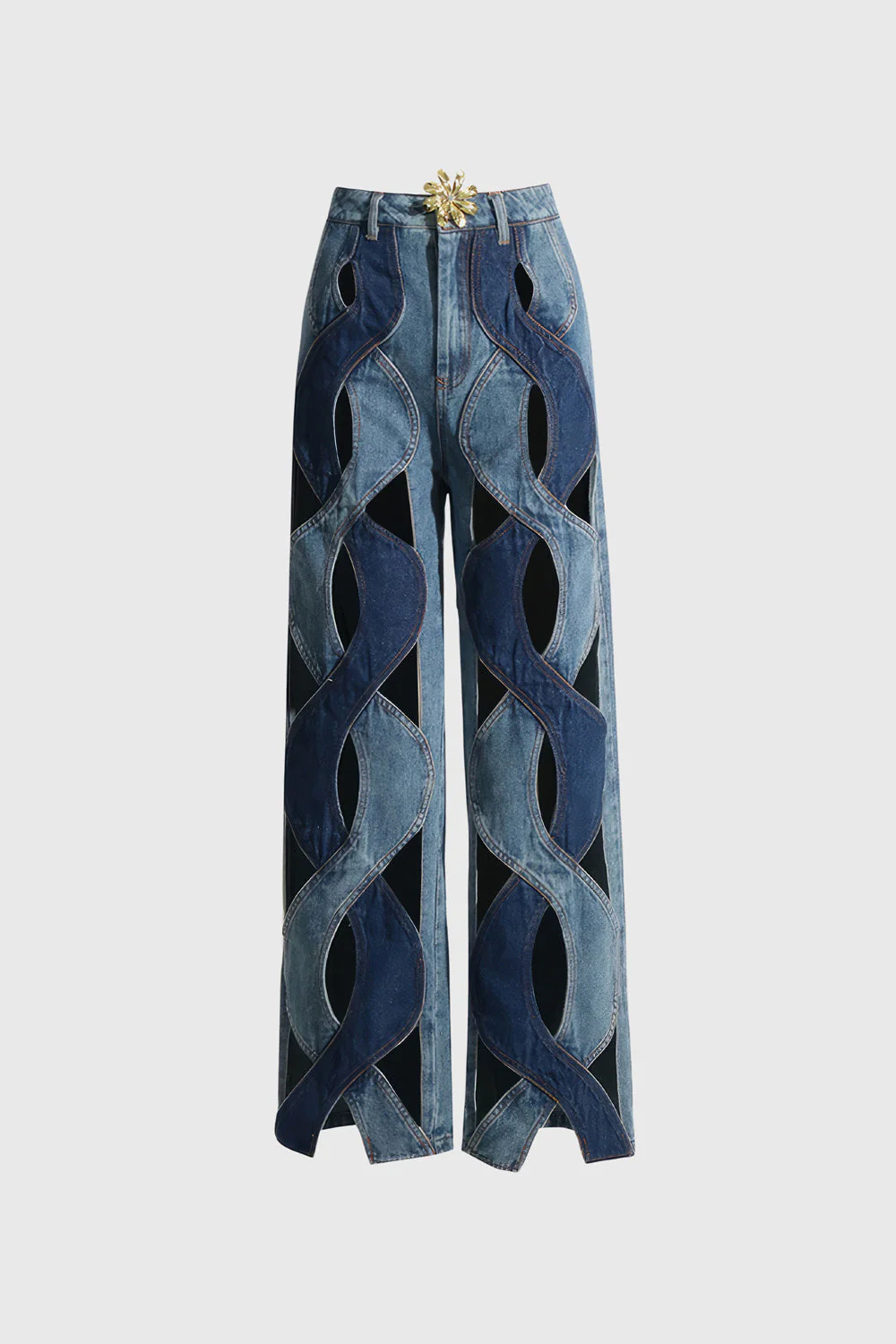 High Waisted Jeans with Spiral Cuts - Blue - Image 3