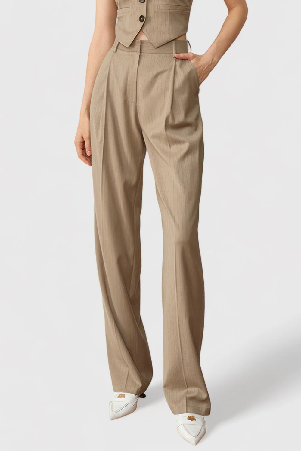 High Waisted Suit Trousers - Brown - Image 4