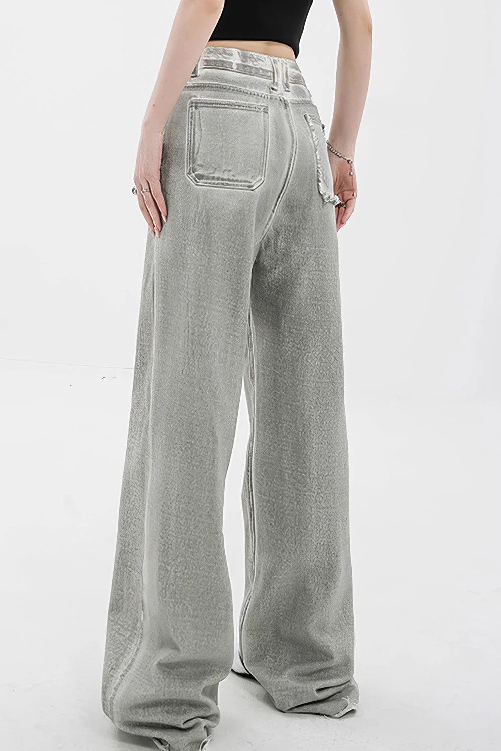 High Waisted Washed Jeans - Grey - Image 2