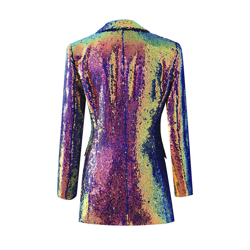 Holographic Lapel Collar Single Breasted Long Sequin Blazer - Purple - Image 6