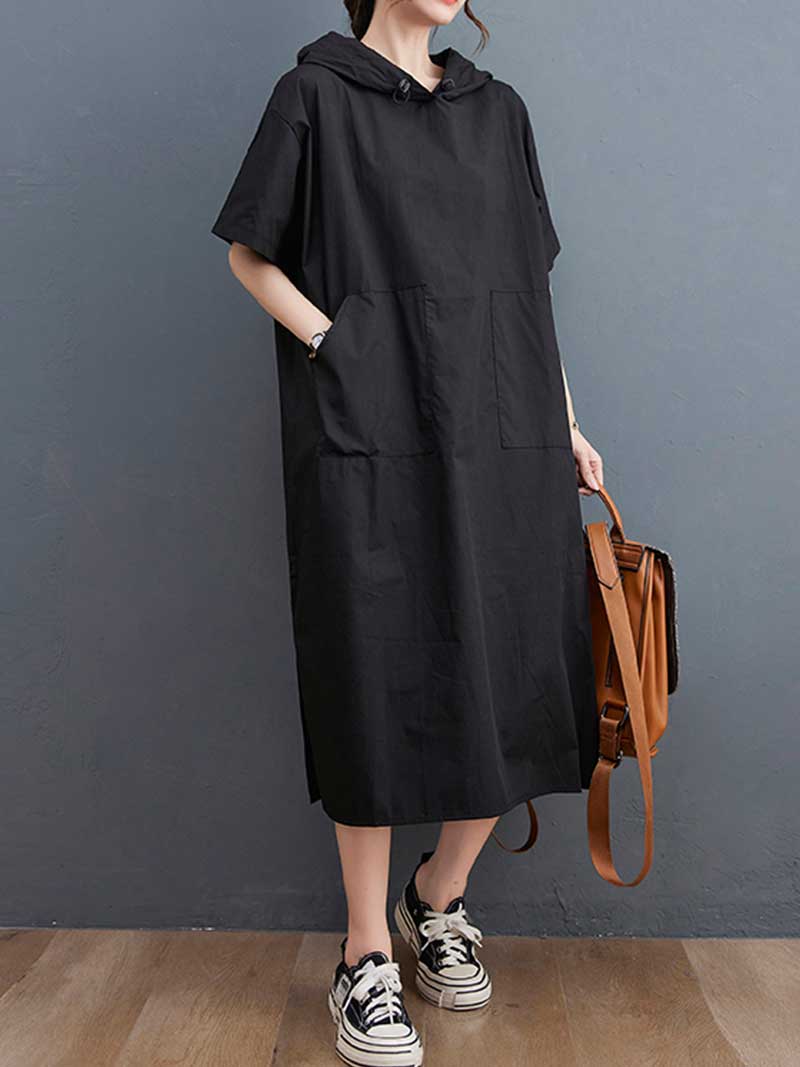 Hooded Plain Double Side Pocket Mid Dress - Image 10