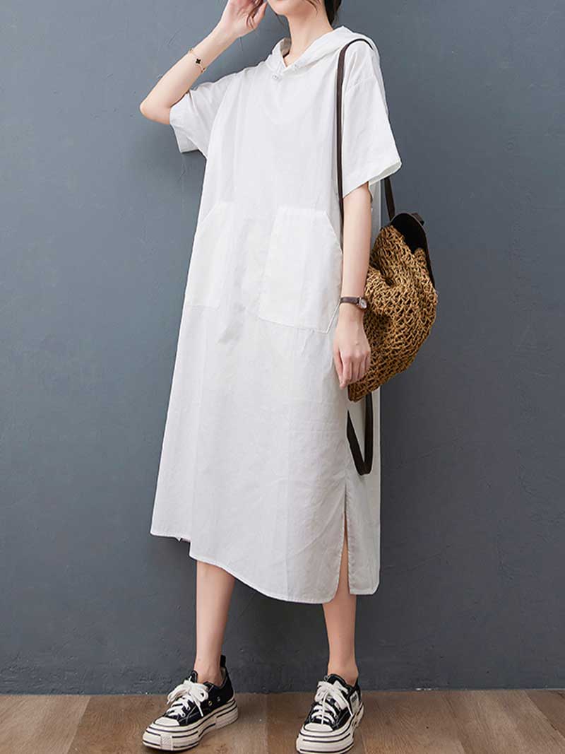 Hooded Plain Double Side Pocket Mid Dress - Image 2
