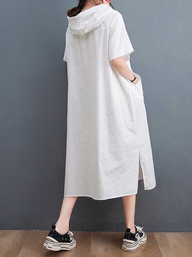 Hooded Plain Double Side Pocket Mid Dress - Image 4