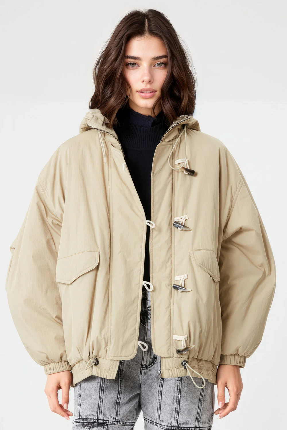 Hooded Rain-Repellent Jacket - Beige - Image 2