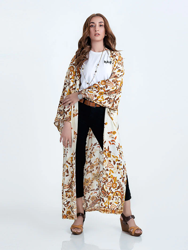 Beachwear & Partywear Floral Print Beige Color Cotton Long Length Gown Kimono Duster Robe - Image 11