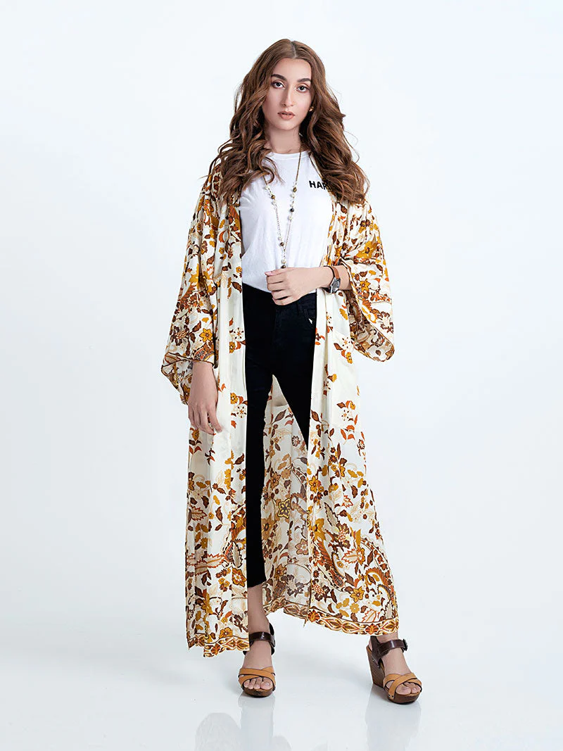 Beachwear & Partywear Floral Print Beige Color Cotton Long Length Gown Kimono Duster Robe - Image 12