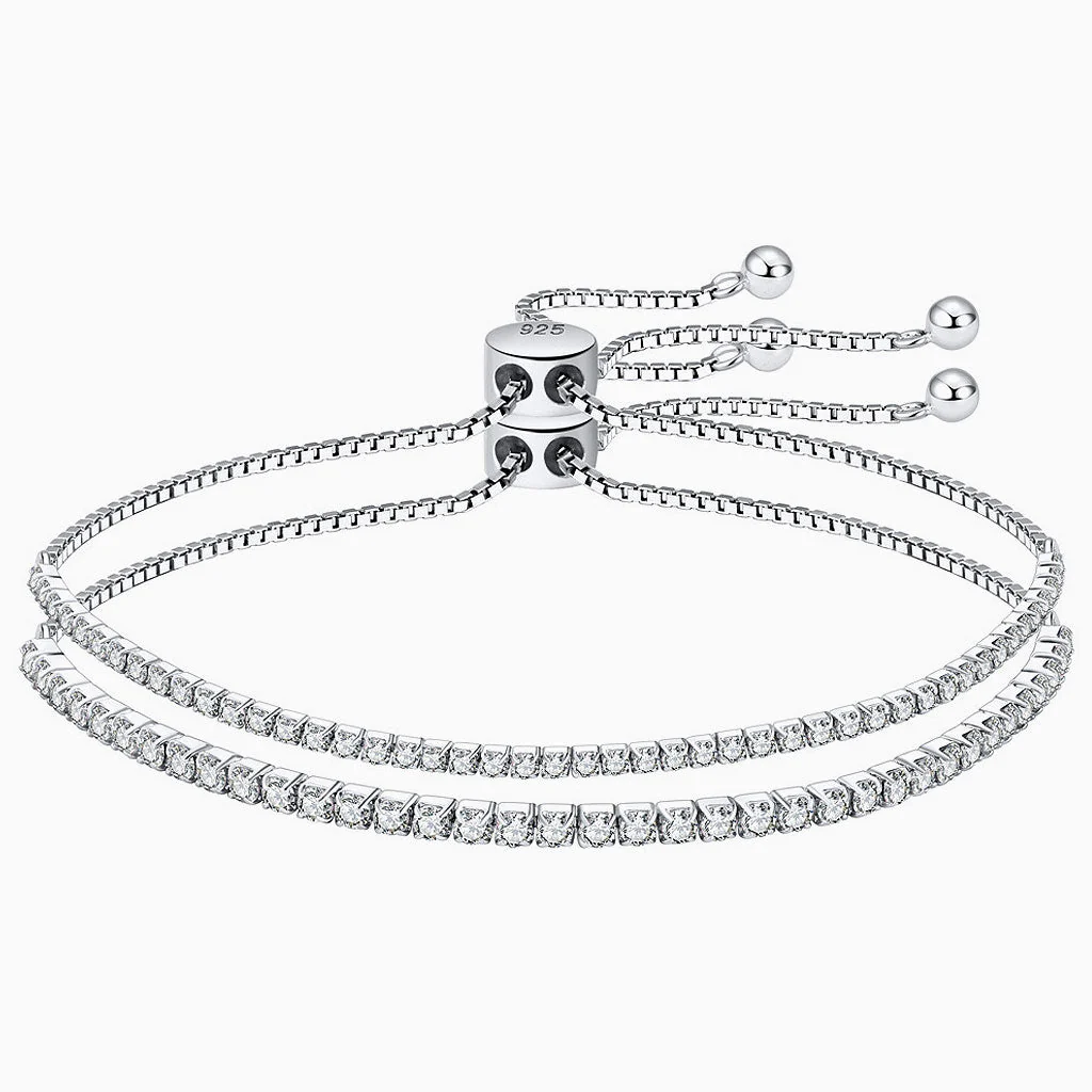 Iced Out Cubic Zirconia Sterling Silver Box Chain Slider Tennis Bracelet - Image 2