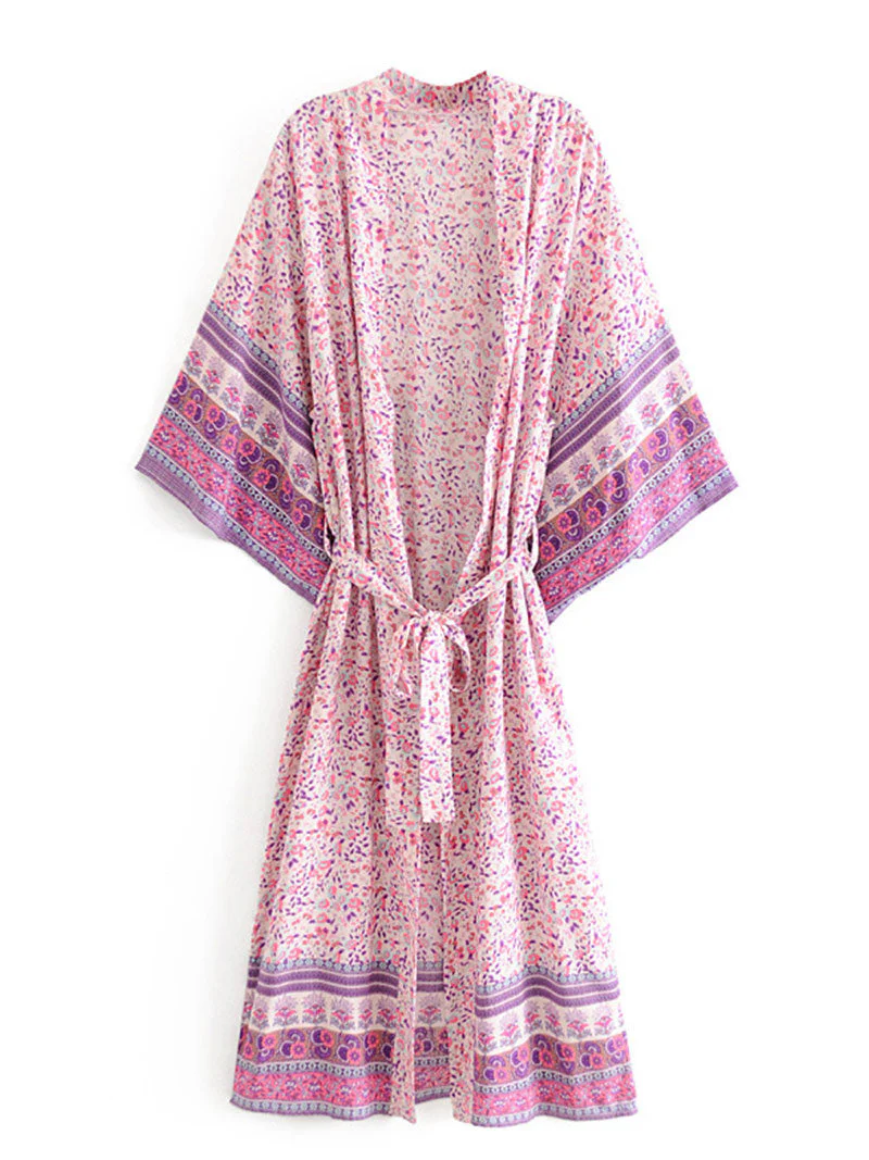 Beachwear Floral Print Pink & Blue Color Cotton Long Length Gown Kimono Duster Robe - Image 2