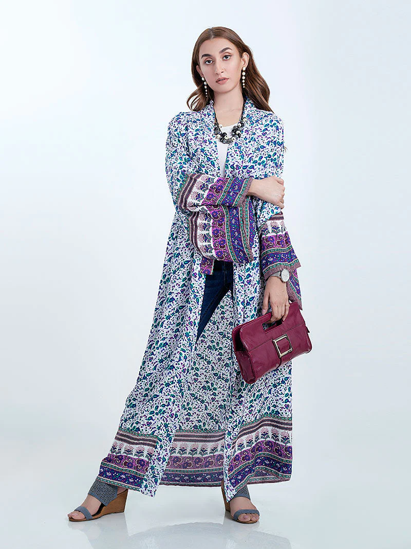 Beachwear Floral Print Pink & Blue Color Cotton Long Length Gown Kimono Duster Robe - Image 3