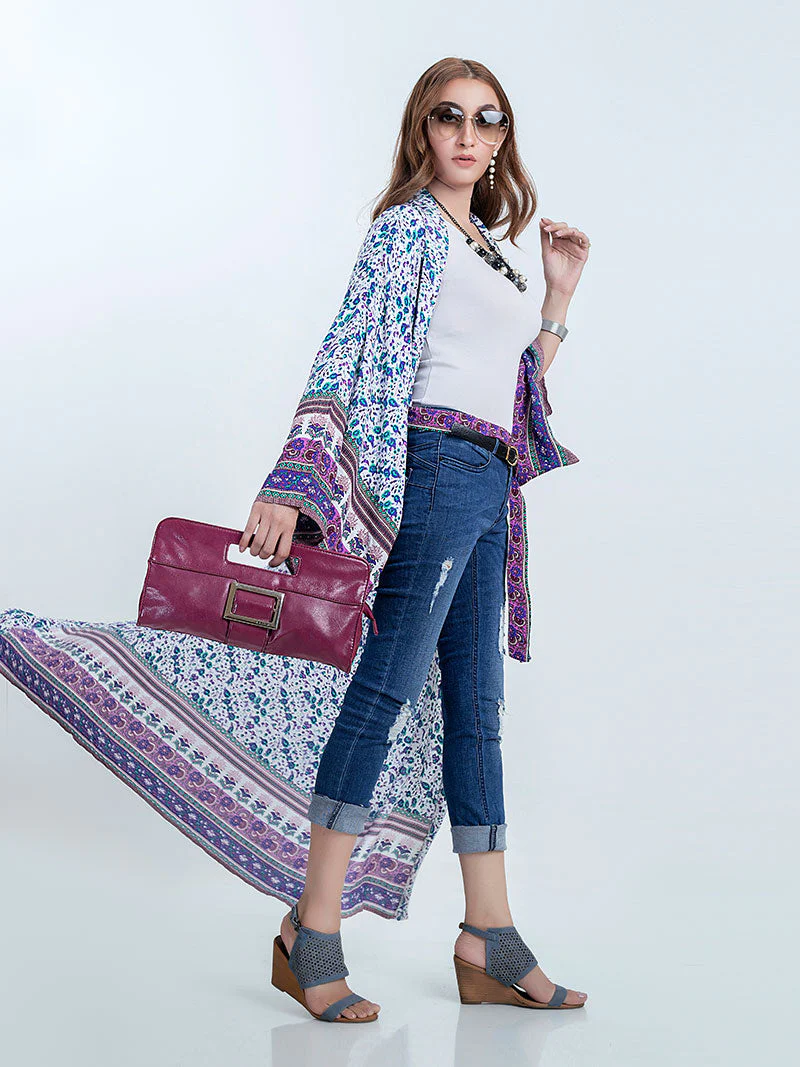 Beachwear Floral Print Pink & Blue Color Cotton Long Length Gown Kimono Duster Robe - Image 6