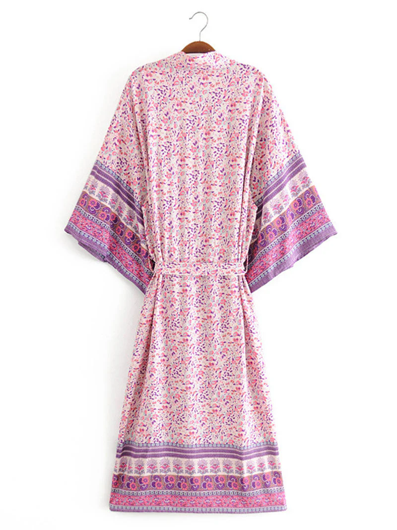 Beachwear Floral Print Pink & Blue Color Cotton Long Length Gown Kimono Duster Robe - Image 7