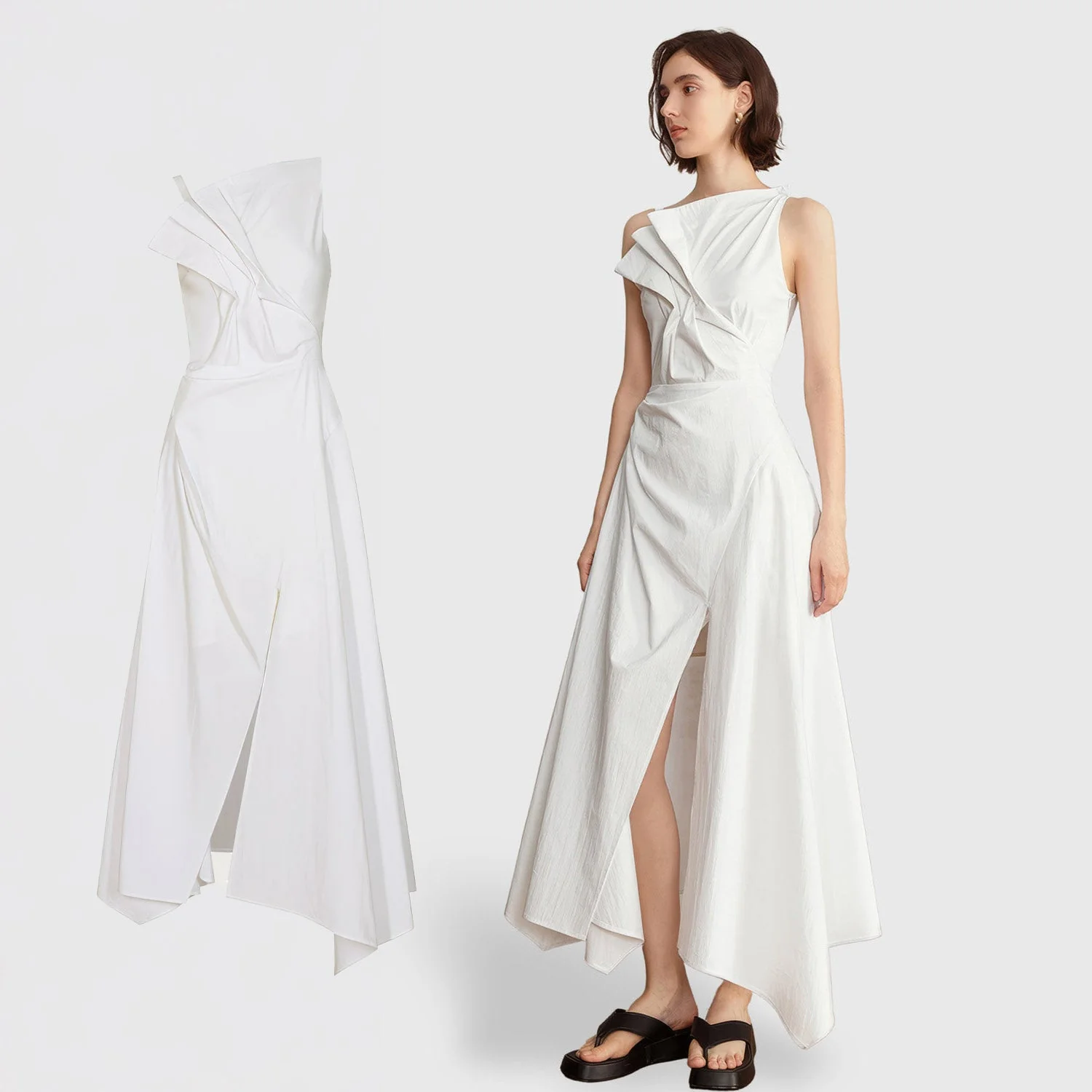 IRREGULAR MIDI Dress with FRONT SLIT - White - Image 2