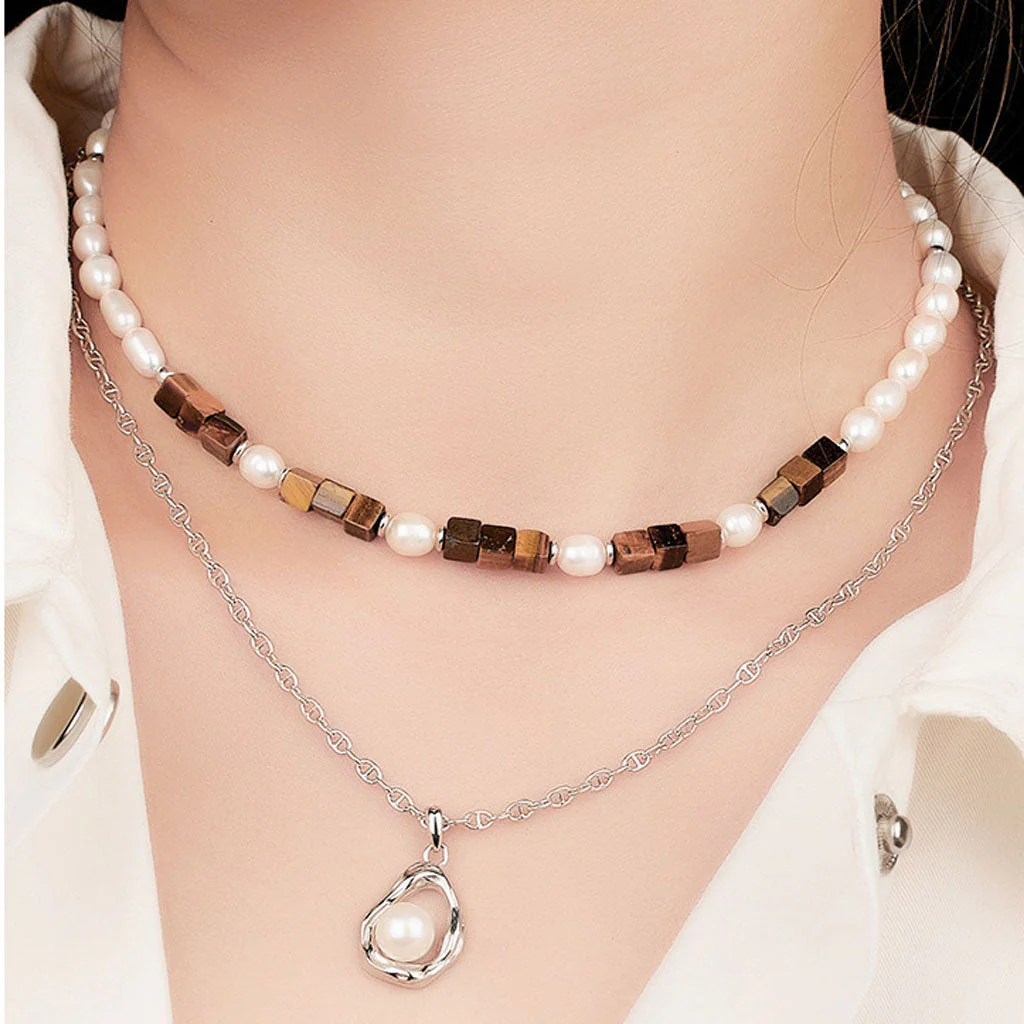 IT IS BAROQUE Freshwater Pearl Beaded Tigers Eye Smile Choker NeckLace - Image 5