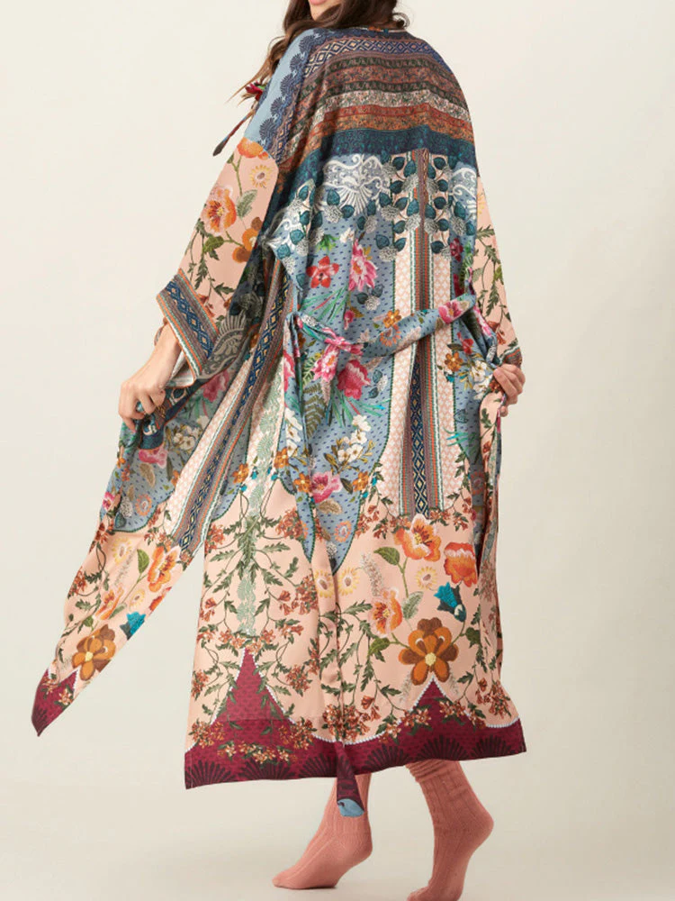 Printed Multicolor Cotton Long Length Gown Kimono Duster Robe - Image 4