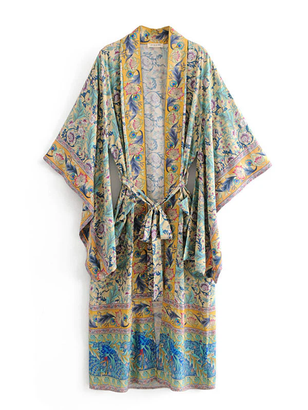 Long Kimono Floral Print Green Color Cotton Viscose Long Length Gown Kimono Duster Robe