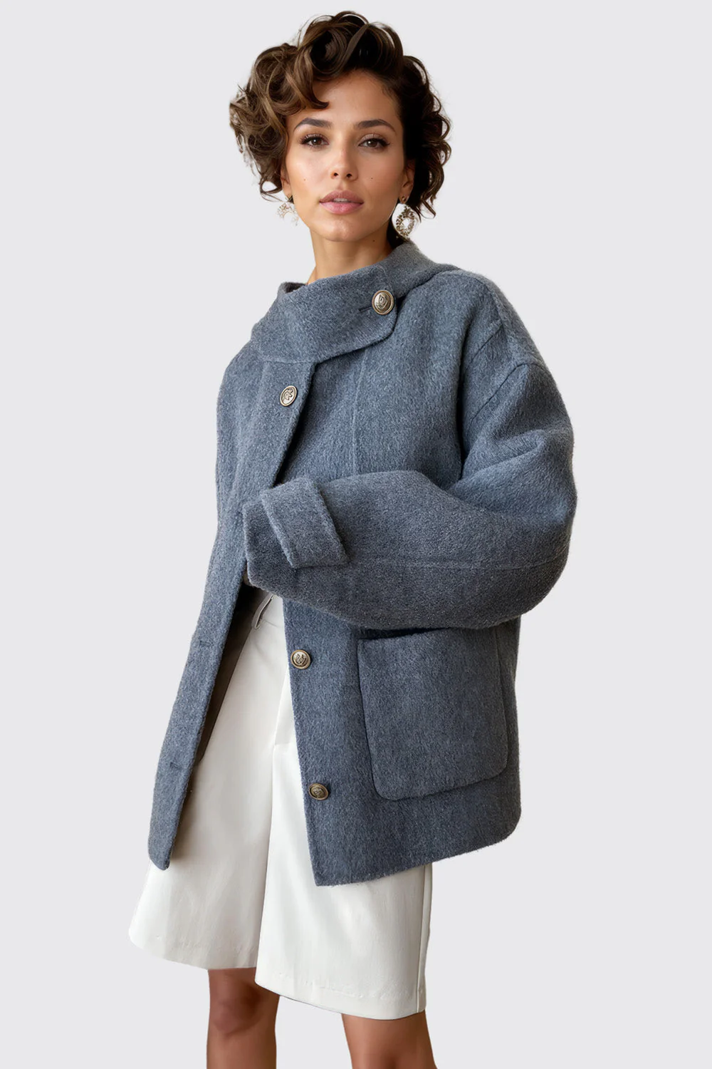 Jacket with Buttoned Collar - Grey