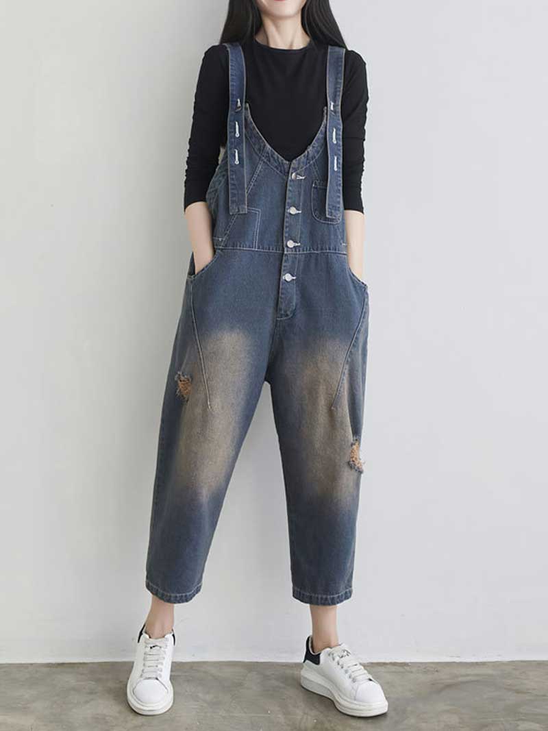 Keep Your dreams Save Denim Ripped Overall Dungarees - Image 5