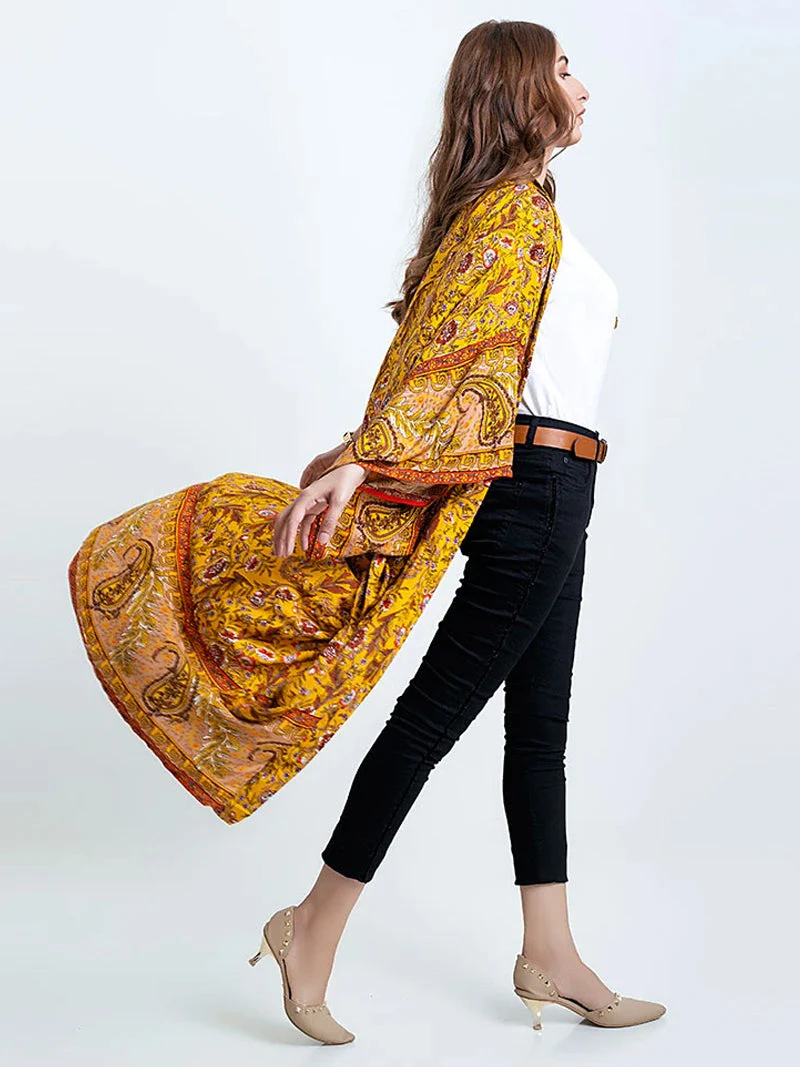 Bridal Party Wear Floral Print Yellow Cotton Long Kimono Dressing Gown - Image 3