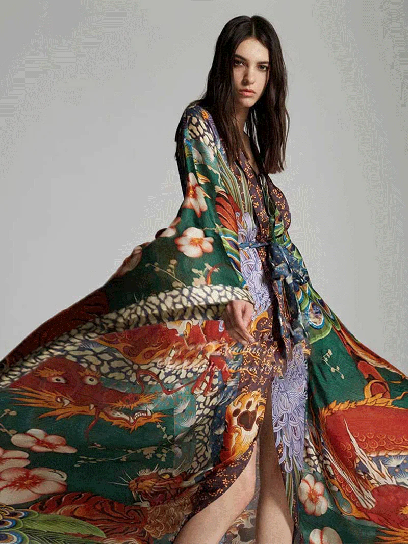 Partywear Peacock Print Polyester Long Kimono Duster - Image 2