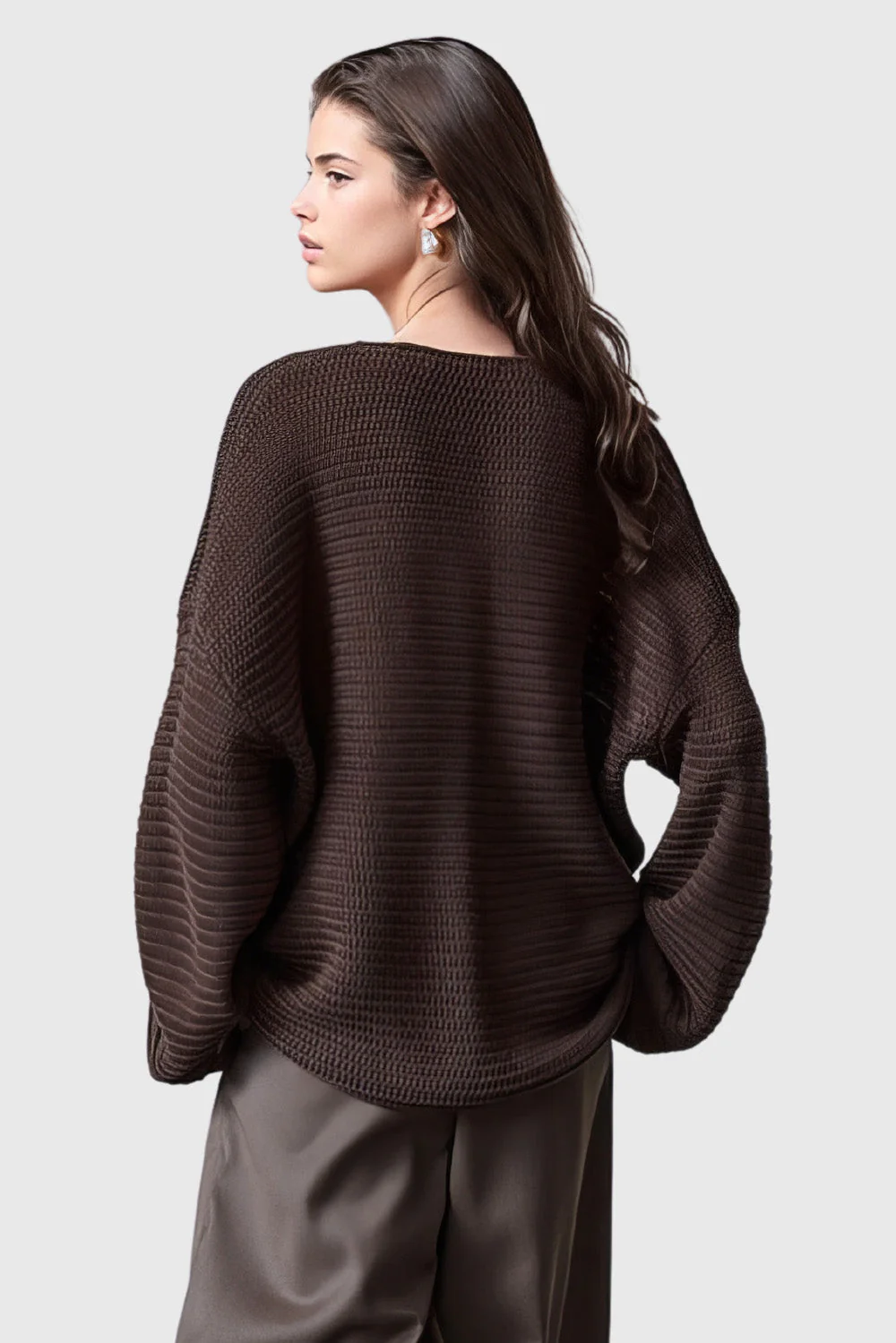 Knitted V Neckline Sweater - Brown - Image 2