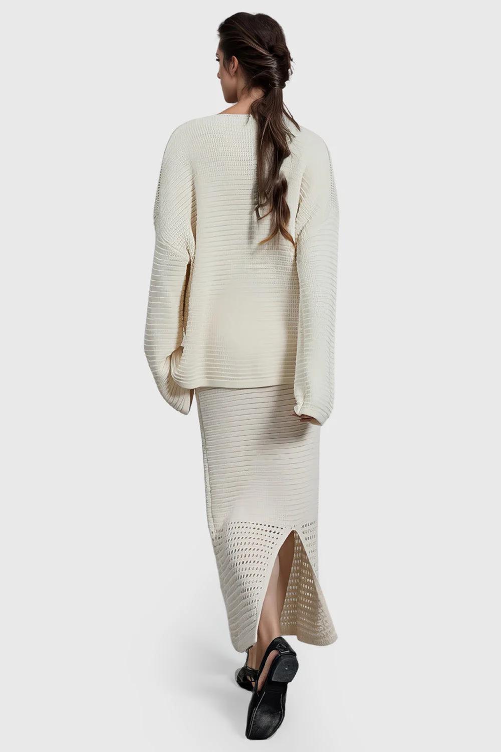 Knitted V Neckline Sweater - White - Image 3