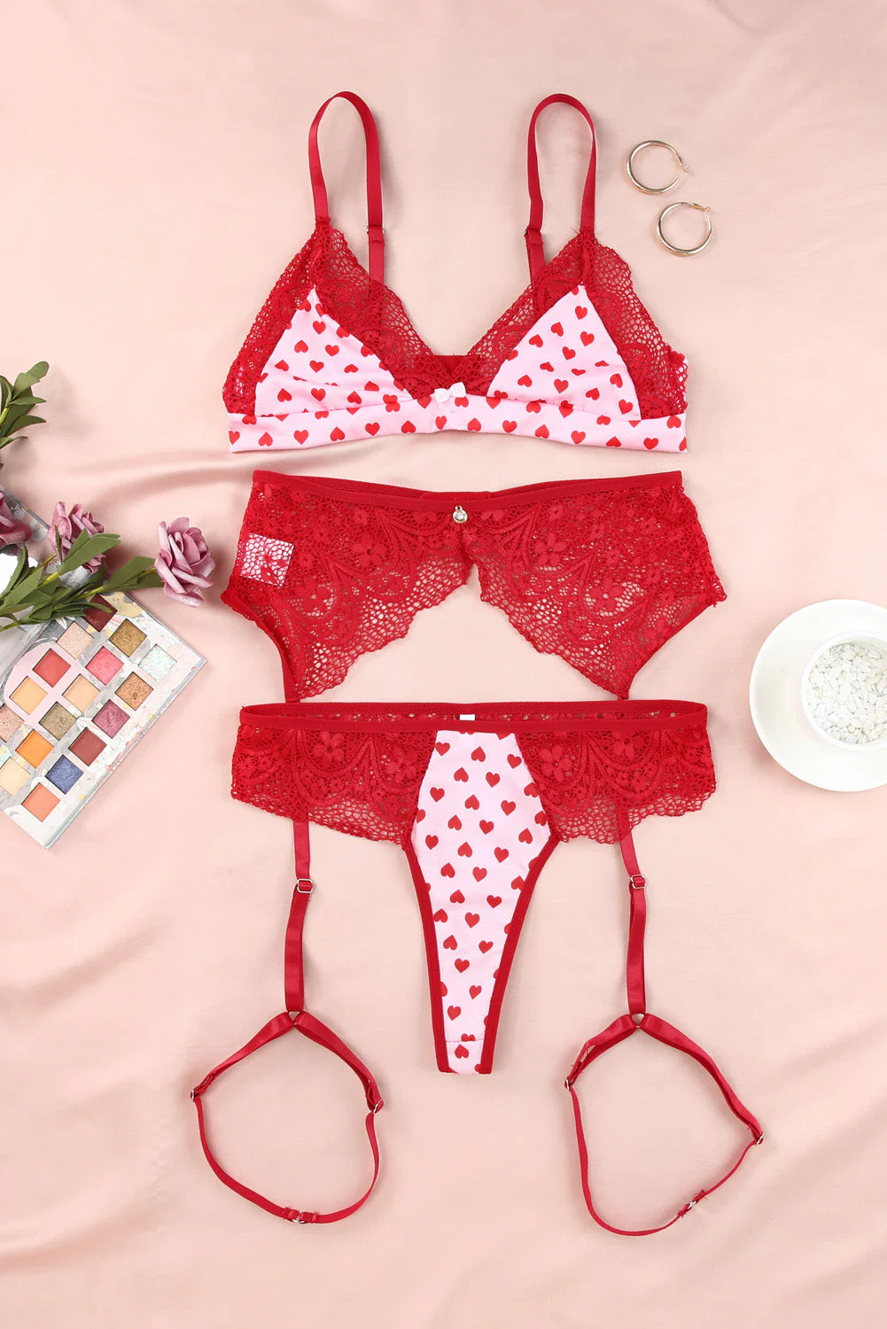 Lace Trim Heart Print Valentines Lingerie Set - Image 4