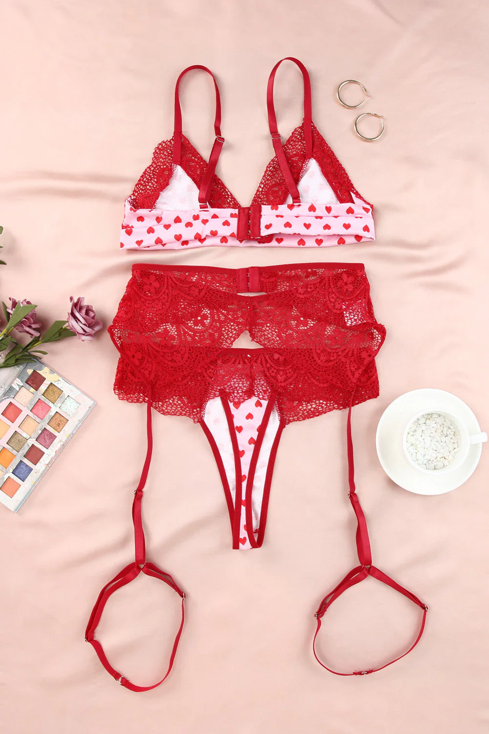 Lace Trim Heart Print Valentines Lingerie Set - Image 5