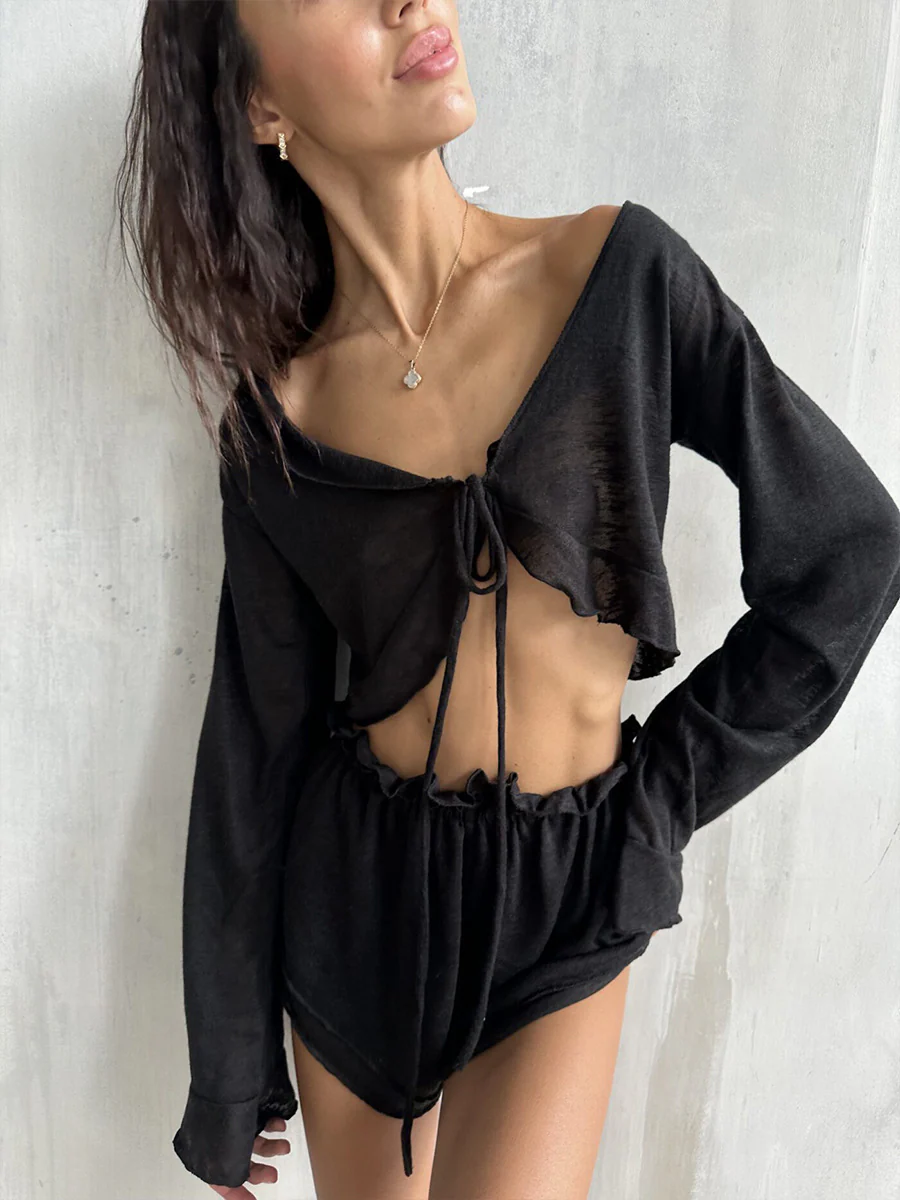 Lace-Up Rolled-Up Shorts Set - Image 11