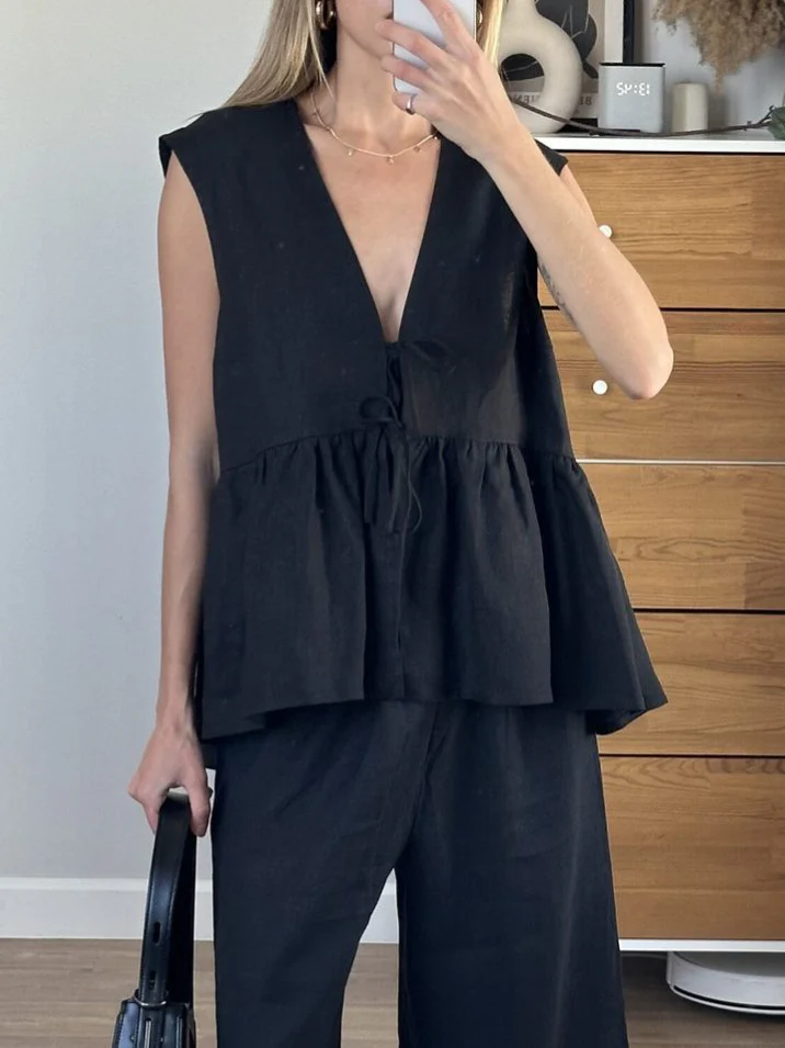 Lace-up Sleeveless Vest and Pants Set - Image 3