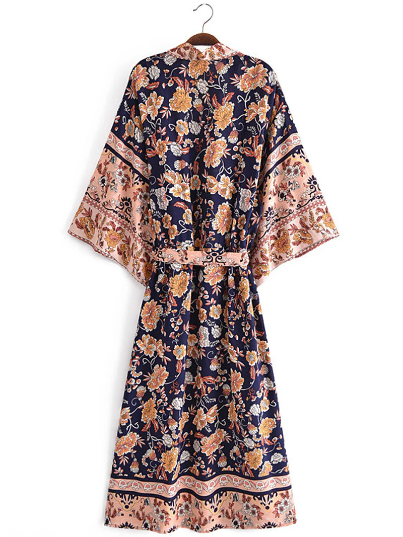 Beachwear Floral Print Black Color Cotton Long Length Gown Kimono Duster Robe - Image 2