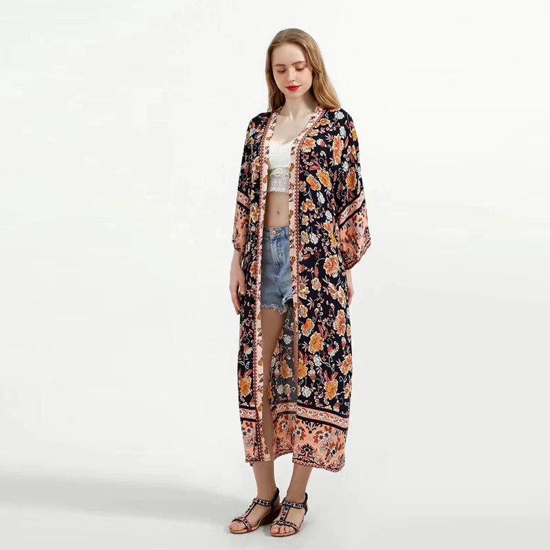 Beachwear Floral Print Black Color Cotton Long Length Gown Kimono Duster Robe - Image 3
