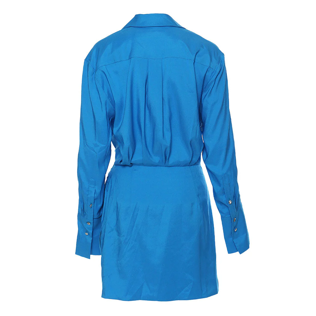 Lavish Collared V Neck Crystal Accent Long Sleeve Draped Waist Mini Shirt Dress - Image 2