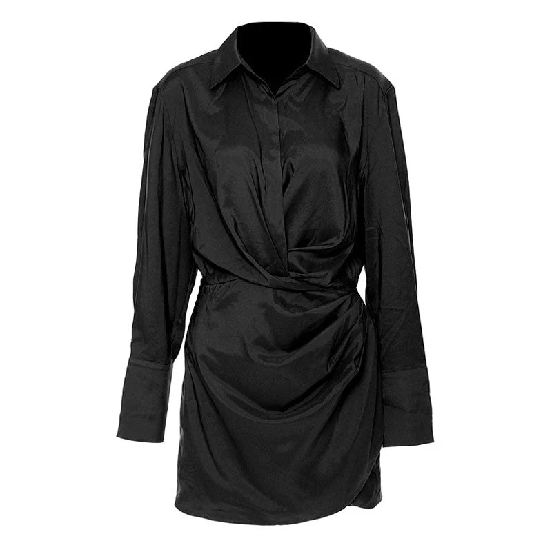 Lavish Collared V Neck Crystal Accent Long Sleeve Draped Waist Mini Shirt Dress - Image 3