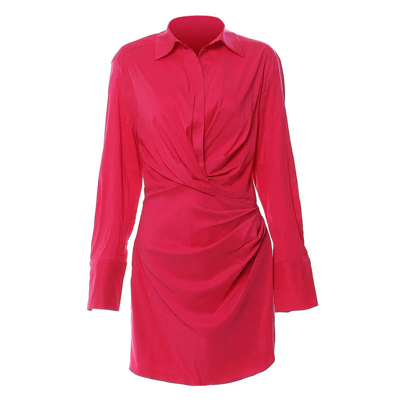 Lavish Collared V Neck Crystal Accent Long Sleeve Draped Waist Mini Shirt Dress - Image 4