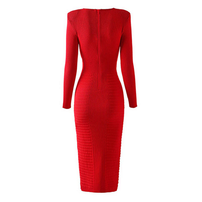 Lavish Deep V Neck Long Sleeve Bandage Panel Rib Knit Bodycon Maxi Evening Dress - Image 2